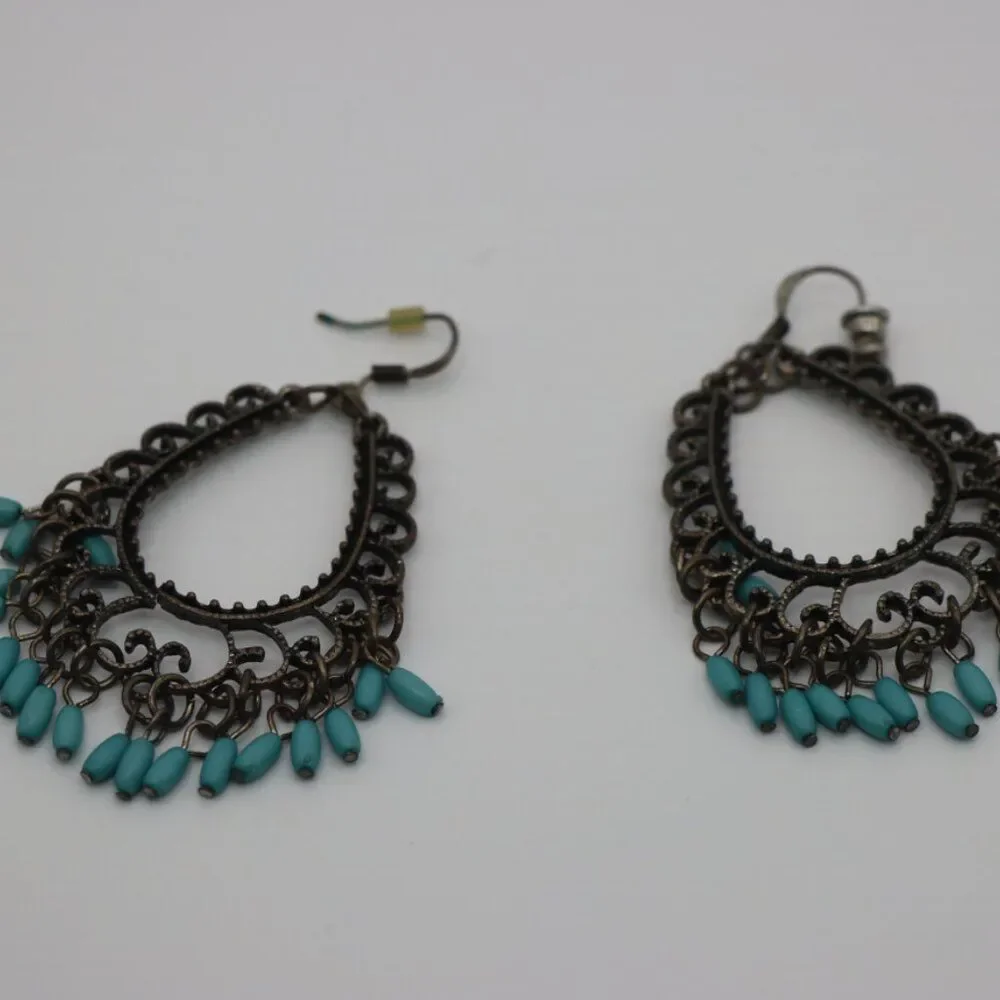 Vintage Blue Bead Dangle Earrings Dark Metal Scroll Design